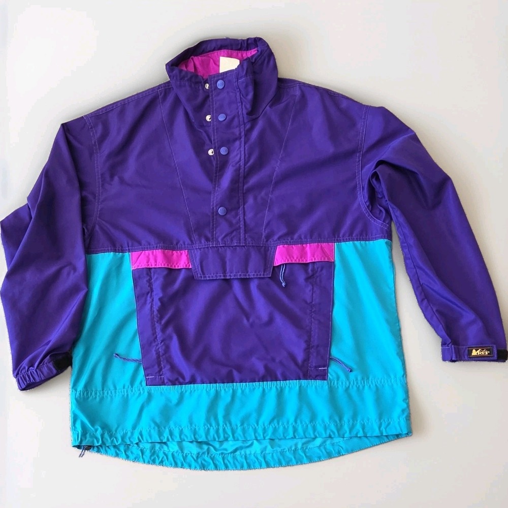 Vintage 90s REI Co-op Pullover Anorak Jacket Colorblock Purple Teal Neon Pink SM